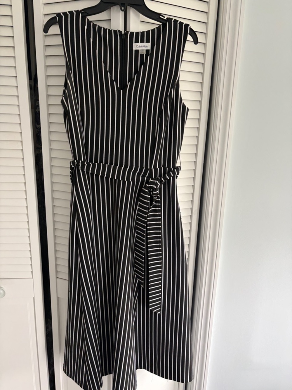 Calvin Klein Black and White Vertical Stripe Sleeveless Belted Dress